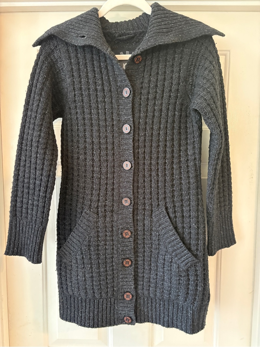 UGG Australia Long Wool/Cashmere Blend Chunky Waffle Knit Cardigan Sweater Gray